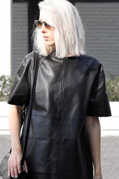 leather dress with sneakers